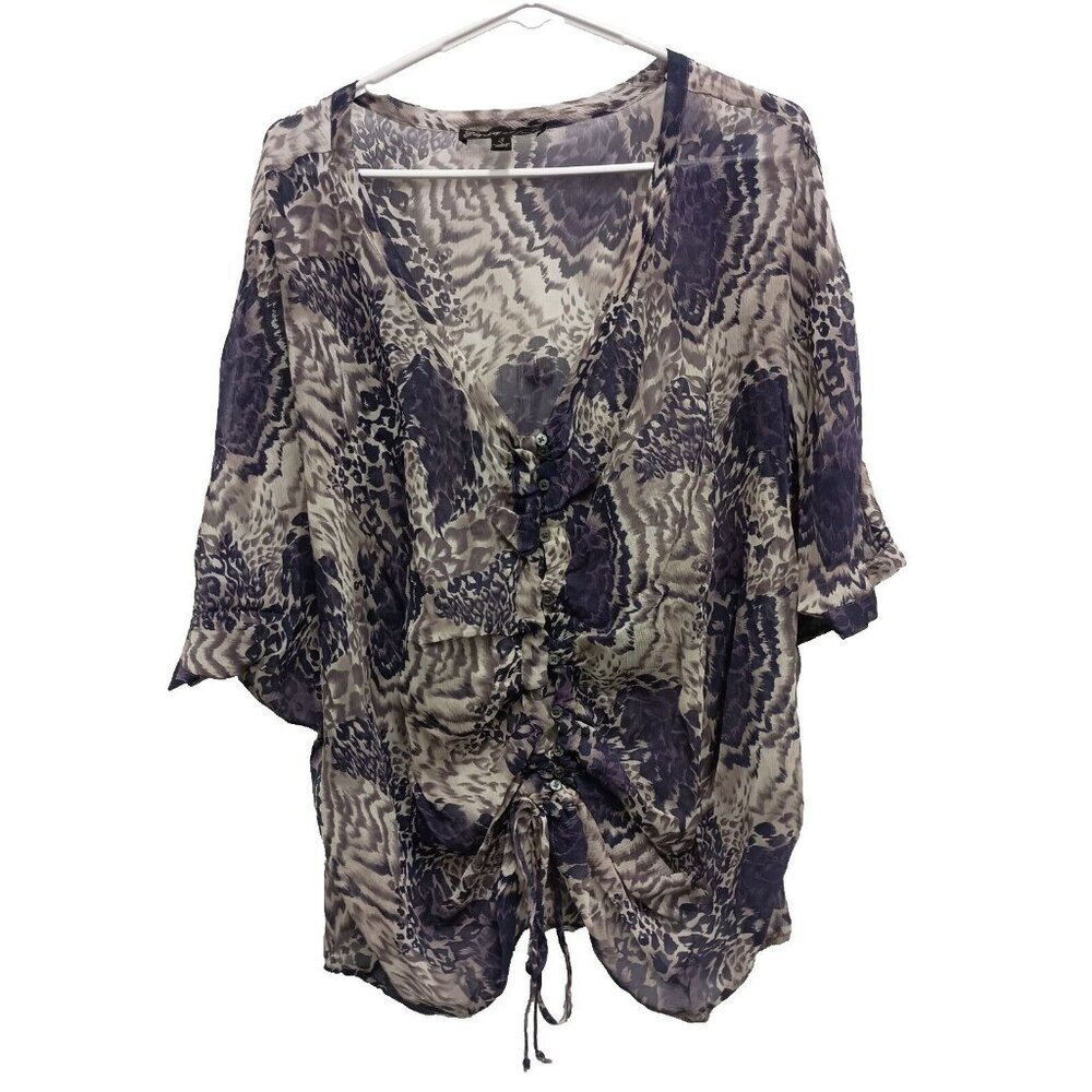Elizabeth & James Womens Animal Print Silk Top Small Purple Gray Sheer Ruched